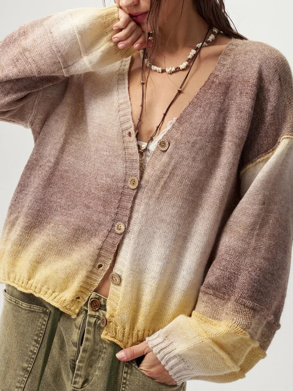 Champagne Casual Women's Gradient Deep V-Neck Knit Cardigan